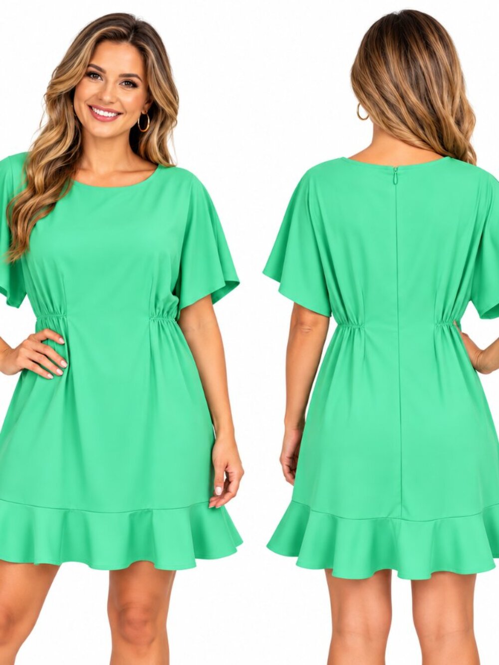 Donna Morgan Green Short Sleeve Midi Dress With Ruffled Hem